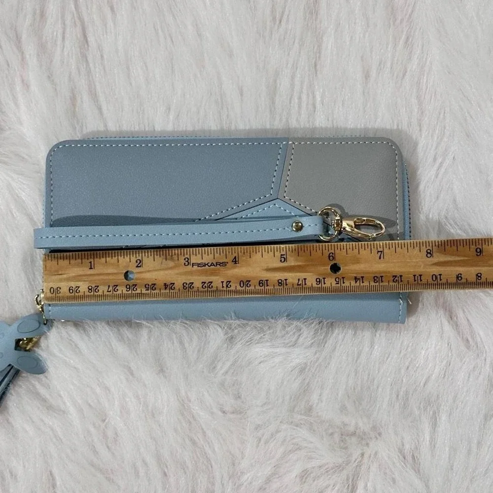 Dusty Blue Geometric Colorblock Zip-Around Wristlet Wallet